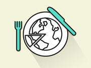 Editorial illustration of a globe on a dinner plate with a fork and knife, symbolizing global food or diet themes.