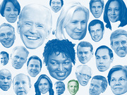 Collage of blue-tinted headshots of 2020 Democratic presidential candidates with one green-tinted face, sized variably across the image.