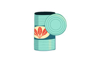 Simple editorial illustration of an open tin can with a decorative label showing red and green leaf motifs.