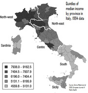 Choropleth map of Italy showing quintiles of median income by province using 1994 data, with regions labeled and a five-shade grayscale legend.
