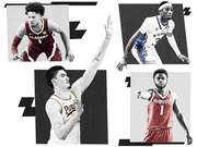 Editorial collage of four college basketball players in Alabama, Kansas, Purdue, and Houston uniforms arranged in a stylized graphic layout.