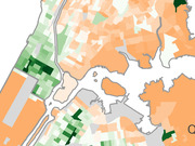 Choropleth map of New York City neighborhoods shaded in green and orange tones, likely showing demographic or voting data by census tract or neighborhood.