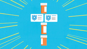 Editorial illustration showing prescription pill bottles and health insurance cards arranged in a cross shape on a blue background with yellow radiating lines.