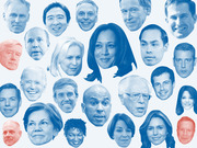 Collage of blue and red tinted headshots of 2020 US presidential candidates arranged across a white background.