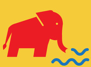 Stylized flat graphic of a red elephant on a yellow background with blue wavy lines near its trunk, suggesting water.