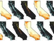 A grid of ten small multiples showing California maps with varying color patterns in orange, black, and teal representing different data layers or time periods.