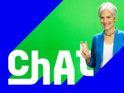 Editorial graphic featuring a woman in a blue blazer making a peace sign against a blue and green diagonal background with the word ChAt in large white letters.