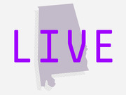 Editorial graphic showing the silhouette of Alabama state overlaid with the word LIVE in large purple letters, indicating live election coverage.
