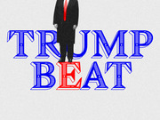 Editorial illustration showing a headless figure in a dark suit with red tie standing over large decorative blue and red text reading TRUMP BEAT.