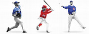 Editorial illustration of three MLB baseball players in action poses: a Dodgers pitcher, a Nationals batter number 34, and a Cubs fielder on a grid background.