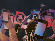 Stylized editorial illustration of a crowd of people holding up glowing smartphones against a dark background, rendered in red and blue tones.
