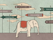 Editorial illustration of a saddled elephant surrounded by directional arrow signs labeled Populism, Nostalgia, Reaganism, Free Trade, and Immigration, representing competing directions for the Republican Party.