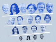 Editorial infographic showing 2020 Democratic presidential candidates arranged in tiers by polling or prominence, depicted as blue-tinted floating heads.