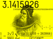 Yellow editorial illustration featuring the digits of pi, a classical engraved portrait of a bearded figure, and mathematical formulas related to pi.