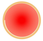 A circular illustration with a gold border and a red-to-coral gradient fill, resembling a stylized planet or decorative orb.