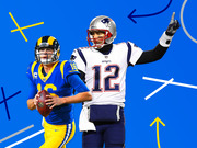 Editorial illustration of two NFL quarterbacks, one in a Los Angeles Rams uniform number 16 and one in a New England Patriots uniform number 12, on a blue background with play-diagram arrows.