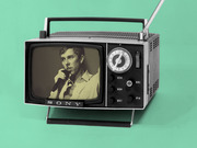 Editorial illustration of a vintage Sony portable TV displaying a sepia-toned image of a man speaking into a microphone, set against a teal background.