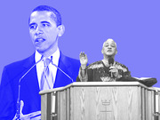 Editorial illustration with blue tint showing two men speaking at podiums, one in a suit and one at a church pulpit, against a purple background.