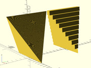 3D visualization showing two gold-colored geometric shapes on a grid: a triangular surface with contour lines on the left and a stepped bar chart on the right, with XYZ axes visible.