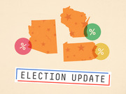 Editorial illustration showing orange silhouettes of three US states with percentage symbol badges and an Election Update label.