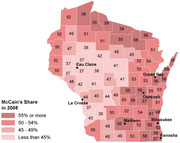 Choropleth map of Wisconsin counties showing John McCain's vote share in the 2008 presidential election, with counties shaded by four ranges from less than 45% to 55% or more.