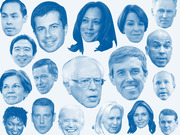 Blue-tinted collage of portrait photos of 2020 Democratic presidential candidates arranged at various sizes on a light background.