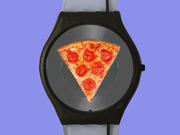 Editorial illustration of a wristwatch with a pepperoni pizza slice displayed on its face instead of a clock dial, on a purple background.