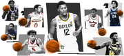 Editorial collage of college basketball players from teams including Baylor, Wisconsin Badgers, Arkansas Razorbacks, Villanova, Ohio State Buckeyes, Purdue, Utah State, and ORU.