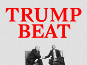 Editorial illustration showing Trump and Obama shaking hands in black and white beneath large red text reading TRUMP BEAT.