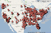 Google Map of the United States showing numerous red location pins marking data points across the country, with higher density in the eastern US.