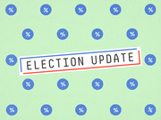 Decorative editorial illustration with the text Election Update on a green background with blue circles containing percent signs.