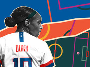Editorial illustration of US soccer player Dunn wearing jersey number 10, shown from behind against a colorful abstract soccer field background.