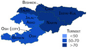 Choropleth map of Kyrgyzstan showing voter turnout by region, with shading indicating less than 50, 50-70, or greater than 70 percent turnout.