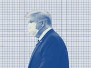 Blue-tinted editorial illustration of a man in a suit wearing a white face mask in profile, set against a grid-paper background.