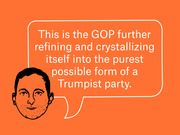 Editorial illustration of a illustrated face with a speech bubble quote about the GOP crystallizing into a Trumpist party, on an orange background.