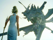 Video game artwork showing a woman in a white dress holding a weapon facing a large blue dragon-like creature against a bright sky.