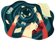 Editorial illustration of a person being swallowed by a dark swirling vortex surrounded by papers, cans, and a microscope, suggesting overwhelm in research or science.
