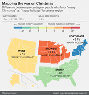 Color-coded US map showing the difference between people who prefer 'merry Christmas' vs 'happy holidays' by census region, based on a 2013 survey.
