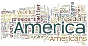 Word cloud featuring terms from political speeches, with America, Americans, President, better, world, and jobs among the largest words.