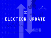 FiveThirtyEight Election Update branded graphic featuring bold white text, arrows, line charts, a bell curve, and hexagon patterns on a blue background.