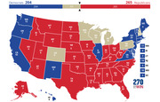 US Electoral College map showing Democrats with 204 electoral votes in blue, Republicans with 265 in red, and 69 toss-up votes in tan, from 270toWin.