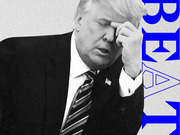 Black and white editorial photo illustration of a man in a suit with hand to forehead, overlaid with large blue vertical text reading BEAT.