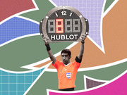 Editorial collage of a FIFA referee holding a Hublot stoppage-time board overhead against a colorful geometric background.