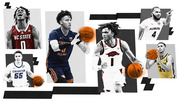 Editorial collage illustration of five college basketball players in uniforms from NC State, Illinois, Arkansas, Auburn, and Creighton with orange basketballs.