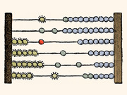 Editorial illustration of an abacus where some beads are styled as coronavirus particles, representing COVID-19 counting or spread.