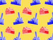 Repeating pattern of red barns and blue city skylines on a yellow background, representing rural vs urban America.