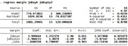 Stata regression output table showing OLS results for regressing margin on jobsy4 and jobsy1y3, with 16 observations, R-squared 0.4311.