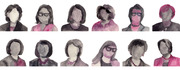 Watercolor illustrations of twelve faceless women in two rows, rendered in shades of gray and pink.