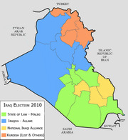 Color-coded map of Iraq showing regional election results for the 2010 Iraq Election, with four parties indicated by different colors across provinces.