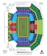 Color-coded seating map of Levi's Stadium showing all section numbers, gates, and the 49ers football field with a north orientation arrow.